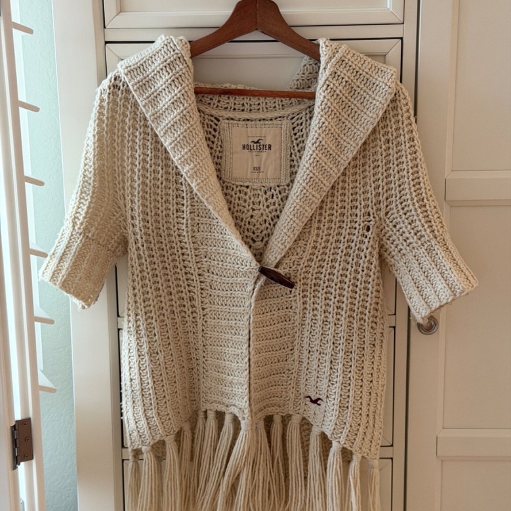Hollister~Cream Wool Blend~Easy Fringe Hooded Cardigan Sweater~Size XS/S
